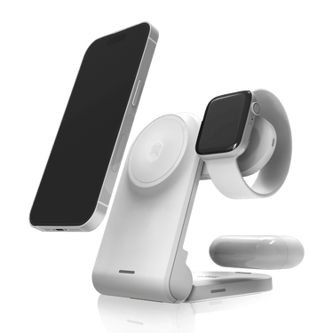 ChargeTree Mag qi2 In White Front Left Angle View with Devices Elevated#color_white